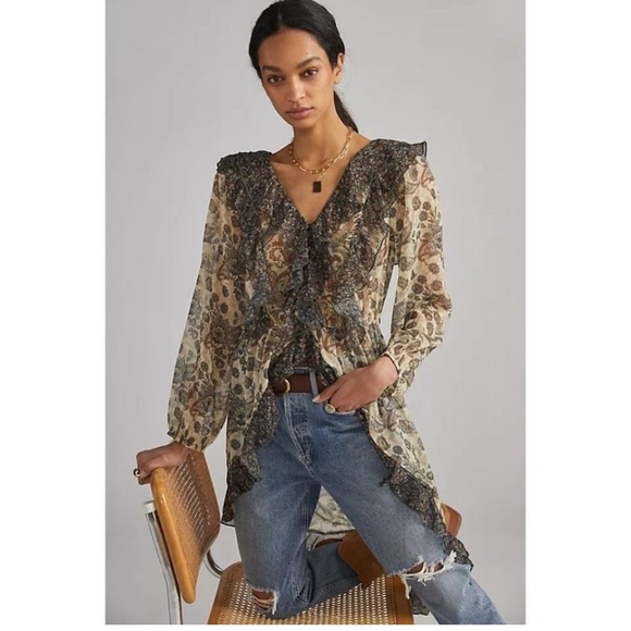 Anthropologie Let Me Be Sheer Femme Maxi Boho Ruffle Hi-Low Tops Size S NWT - Picture 2 of 16